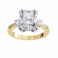 Yellow Gold Three Stone Radiant Cut Diamond Ring with Hidden Halo and Pavé Band
