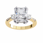 Yellow Gold Three Stone Radiant Cut Diamond Ring with Hidden Halo and Pavé Band