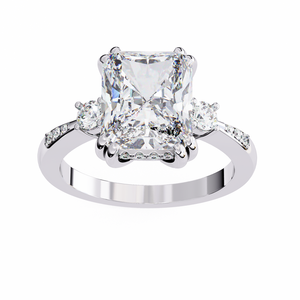 White Gold Three Stone Radiant Cut Diamond Ring with Hidden Halo and Pavé Shoulders