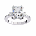 White Gold Three Stone Radiant Cut Diamond Ring with Hidden Halo and Pavé Shoulders