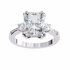 White Gold Three Stone Radiant Cut Diamond Ring with Hidden Halo and Pavé Shoulders