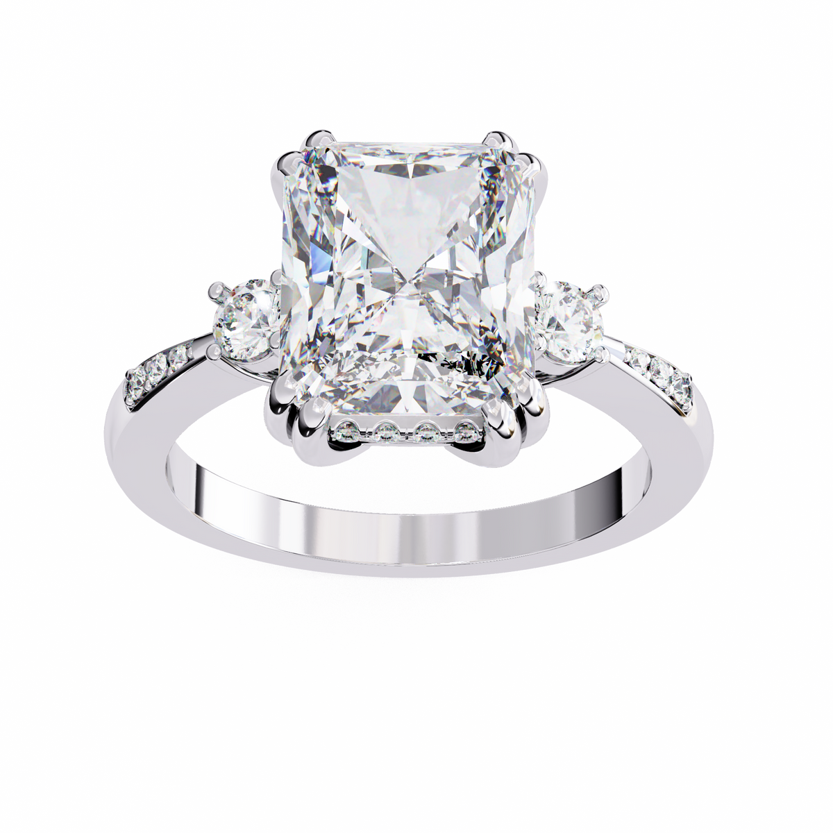 White Gold Three Stone Radiant Cut Diamond Ring with Hidden Halo and Pavé Shoulders