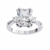 White Gold Three Stone Radiant Cut Diamond Ring with Hidden Halo and Pavé Shoulders