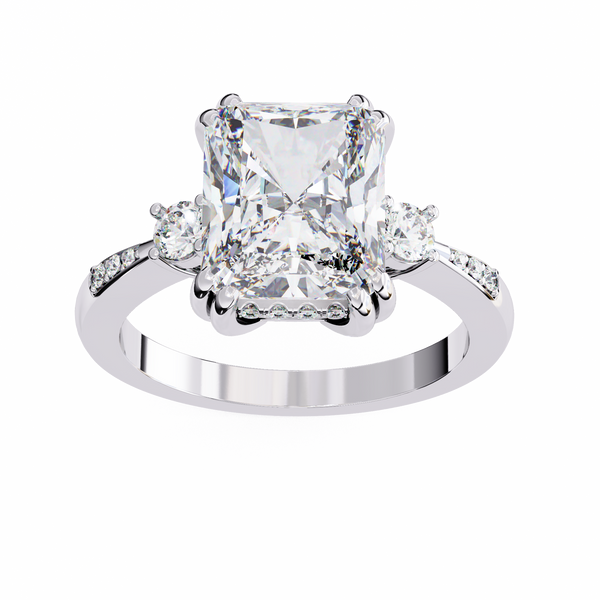 White Gold Three Stone Radiant Cut Diamond Ring with Hidden Halo and Pavé Shoulders