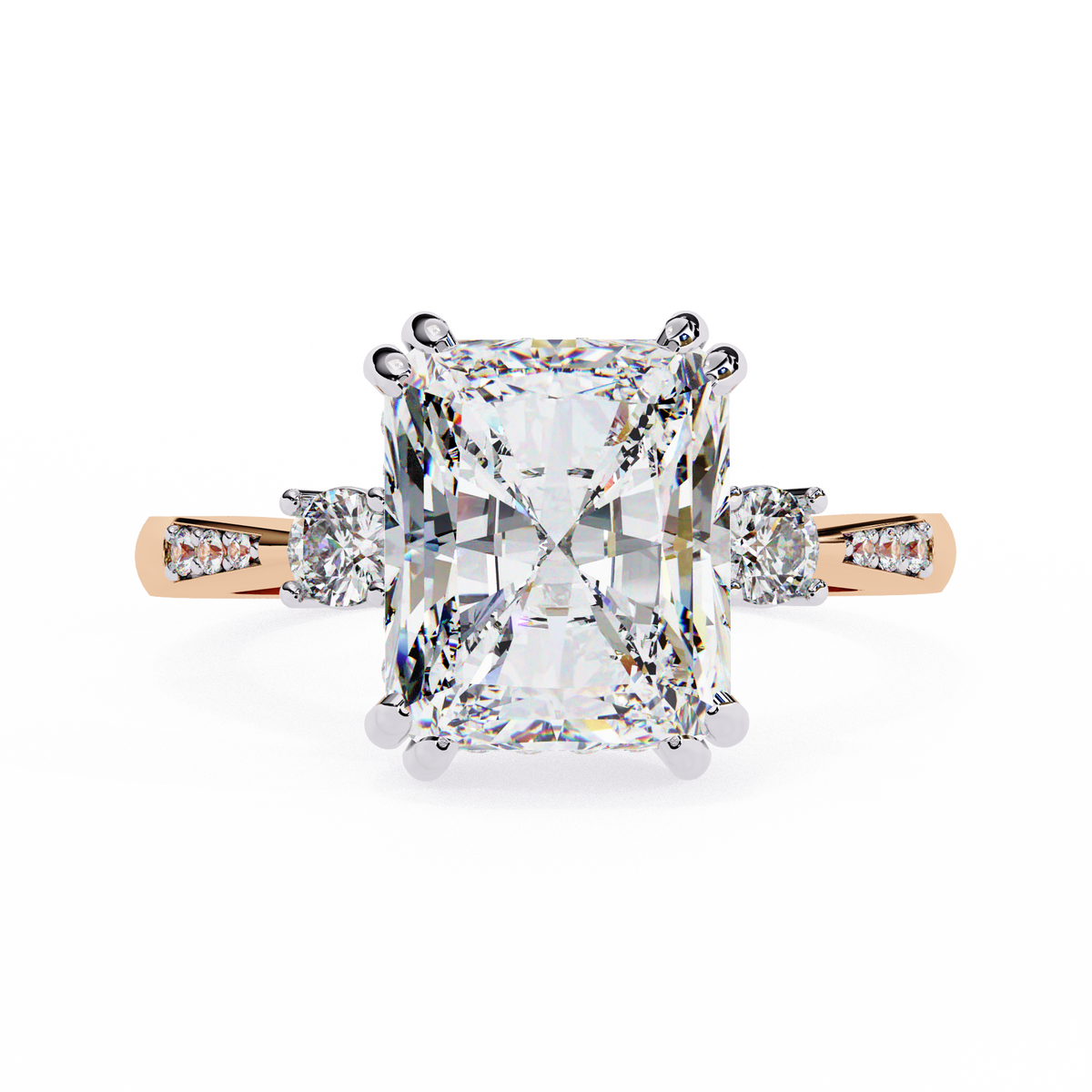 Rose Gold Radiant Cut Diamond Ring with Round Side Stones and Pavé Shoulders