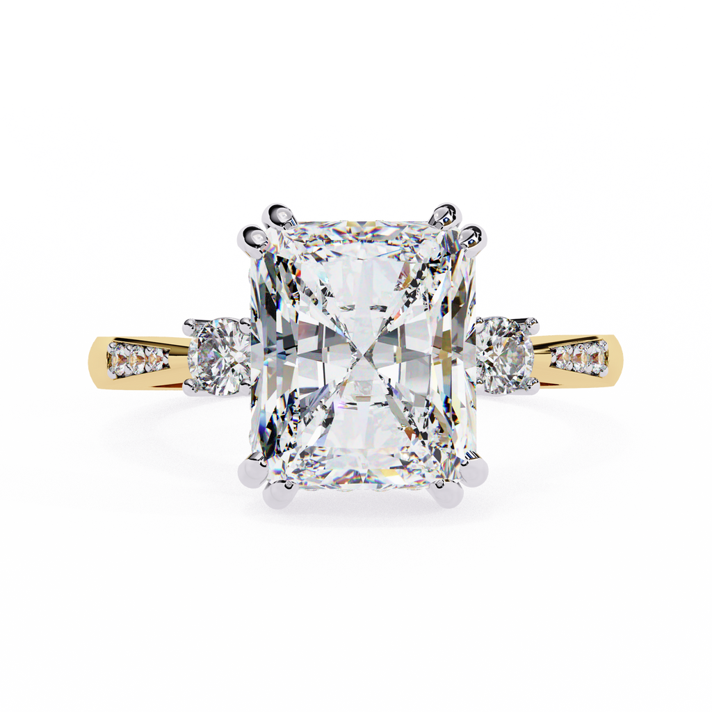 Yellow Gold Three Stone Radiant Cut Diamond Ring with Hidden Halo and Pavé Band
