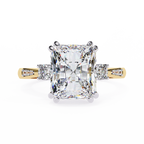 Yellow Gold Three Stone Radiant Cut Diamond Ring with Hidden Halo and Pavé Band