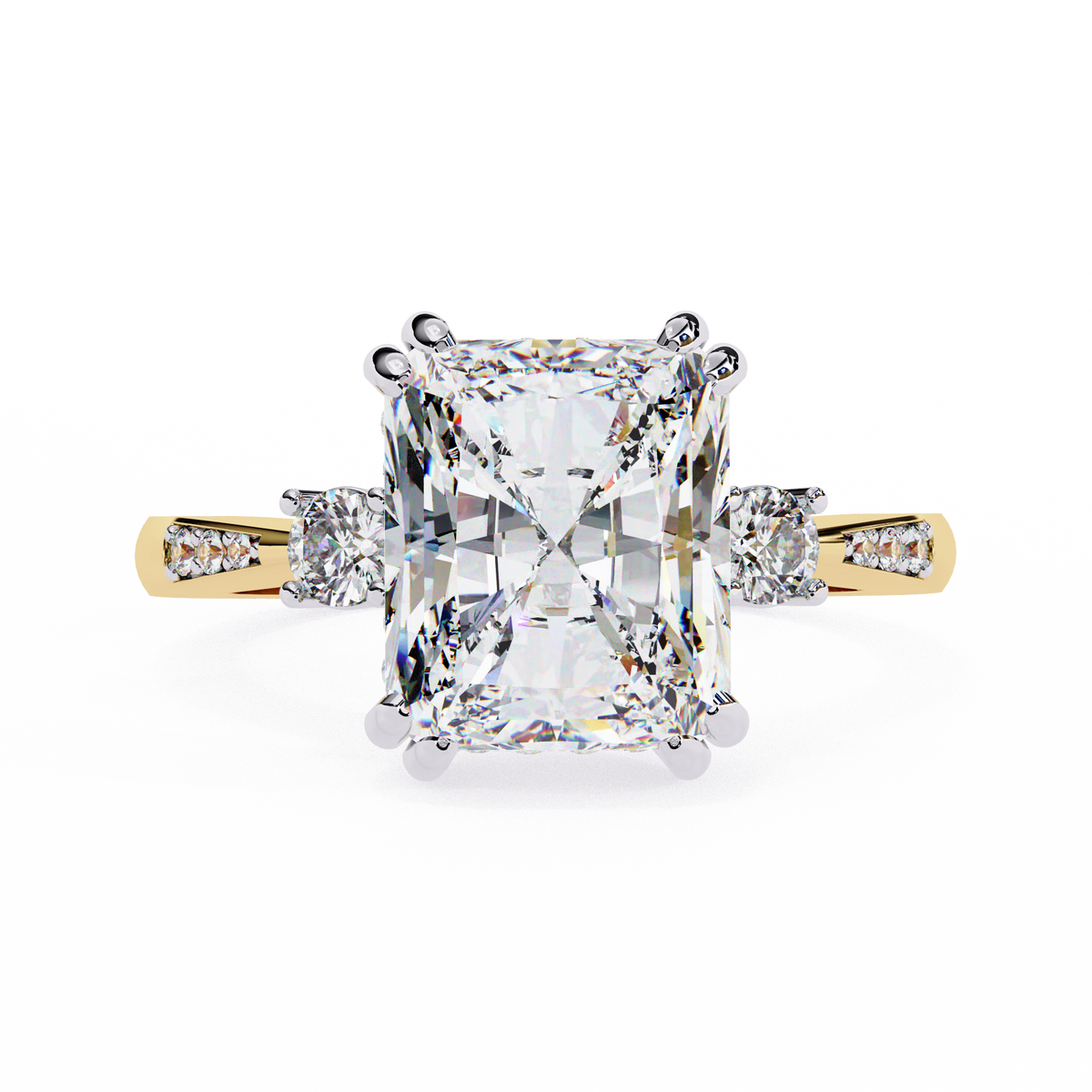 Yellow Gold Three Stone Radiant Cut Diamond Ring with Hidden Halo and Pavé Band