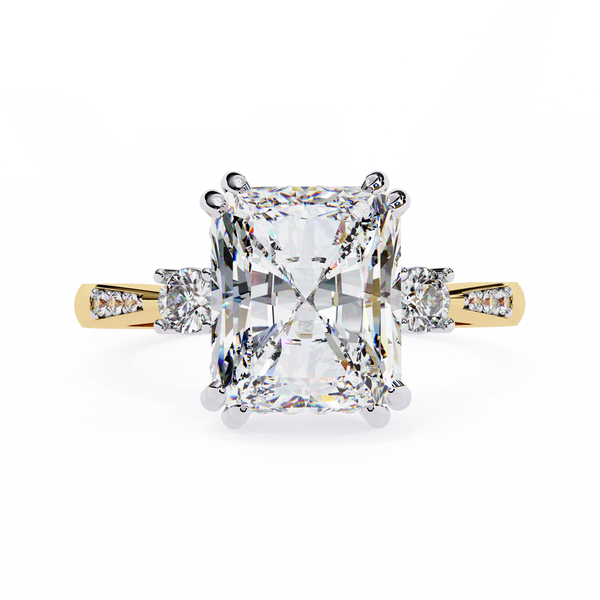 Yellow Gold Three Stone Radiant Cut Diamond Ring with Hidden Halo and Pavé Band