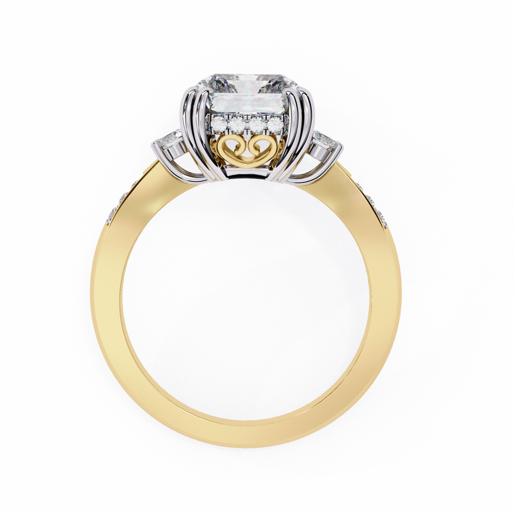Yellow Gold Three Stone Radiant Cut Diamond Ring with Hidden Halo and Pavé Band
