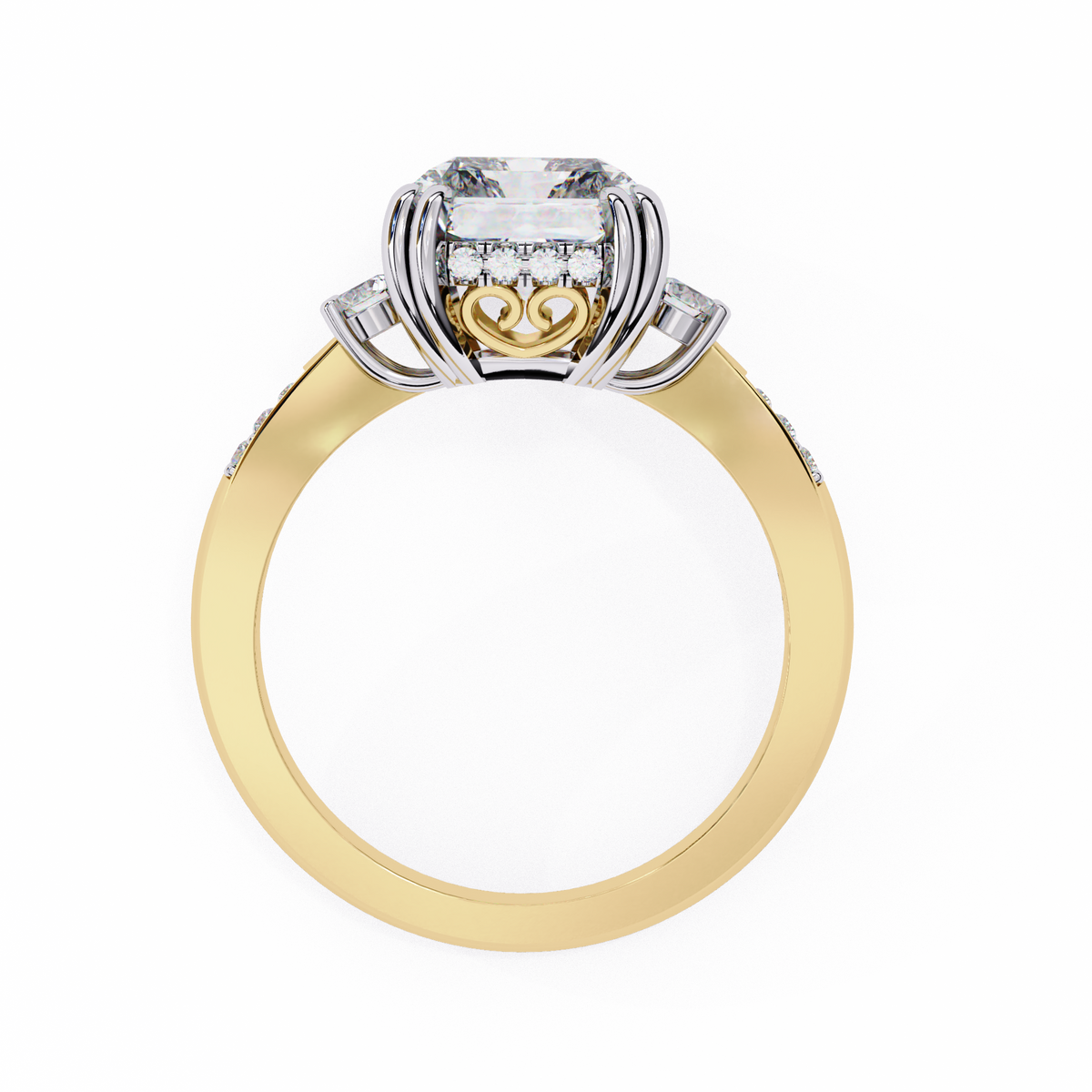 Yellow Gold Three Stone Radiant Cut Diamond Ring with Hidden Halo and Pavé Band