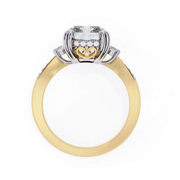 Yellow Gold Three Stone Radiant Cut Diamond Ring with Hidden Halo and Pavé Band