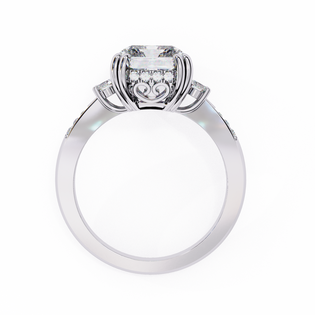 White Gold Three Stone Radiant Cut Diamond Ring with Hidden Halo and Pavé Shoulders