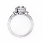 White Gold Three Stone Radiant Cut Diamond Ring with Hidden Halo and Pavé Shoulders