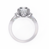 White Gold Three Stone Radiant Cut Diamond Ring with Hidden Halo and Pavé Shoulders