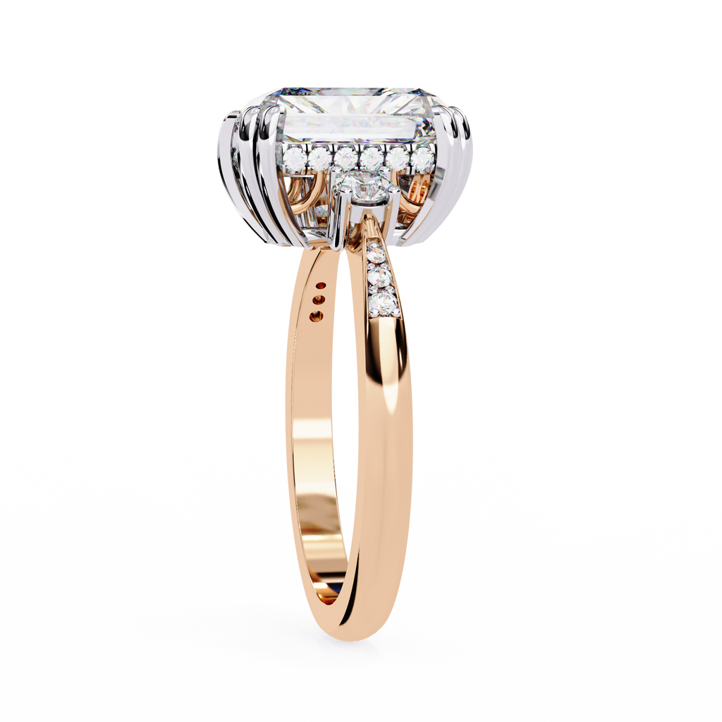 Rose Gold Radiant Cut Diamond Ring with Round Side Stones and Pavé Shoulders
