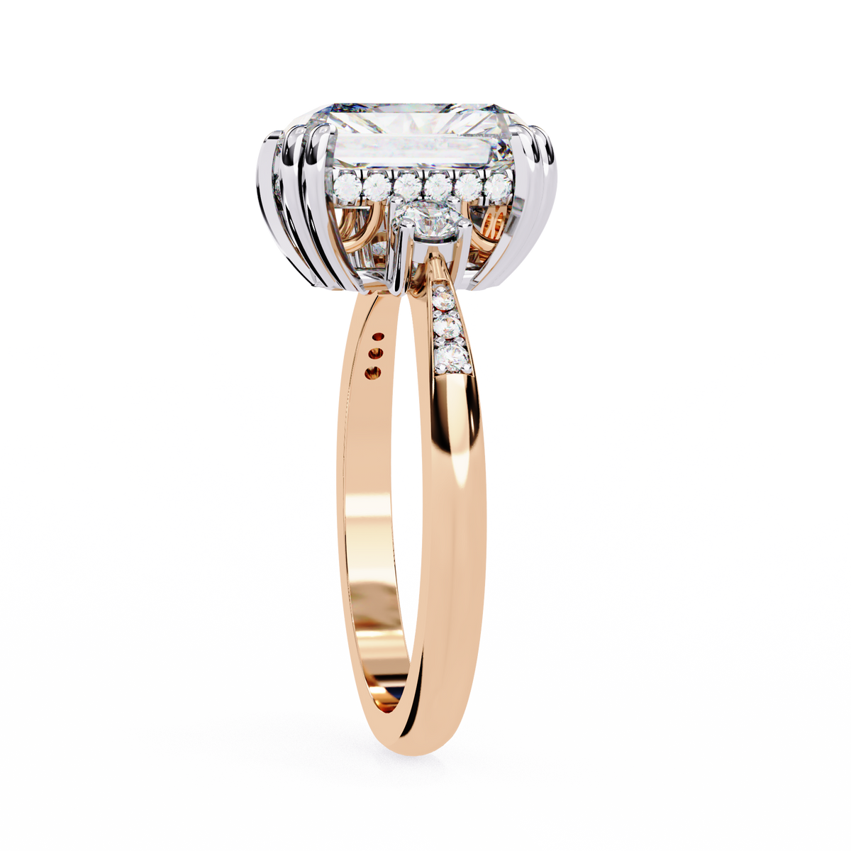 Rose Gold Radiant Cut Diamond Ring with Round Side Stones and Pavé Shoulders