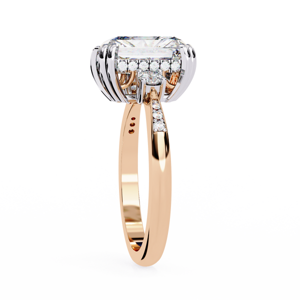 Rose Gold Radiant Cut Diamond Ring with Round Side Stones and Pavé Shoulders