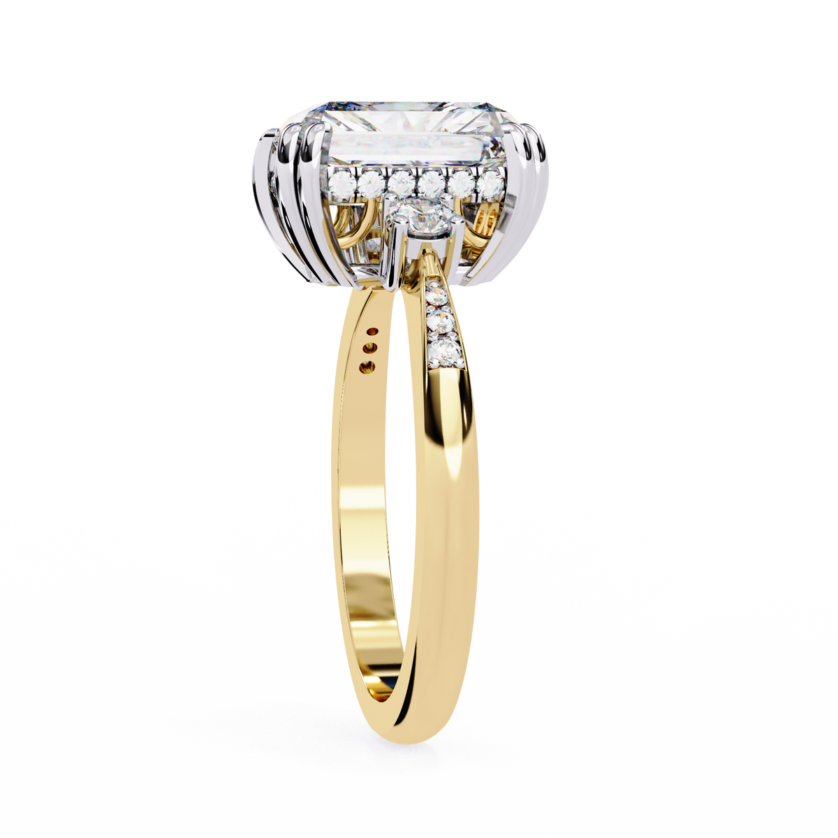 Yellow Gold Three Stone Radiant Cut Diamond Ring with Hidden Halo and Pavé Band