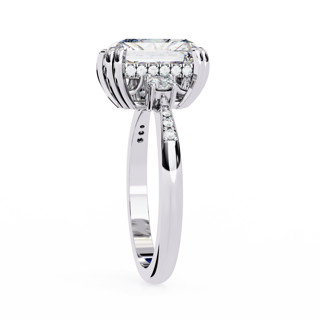 White Gold Three Stone Radiant Cut Diamond Ring with Hidden Halo and Pavé Shoulders