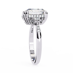 White Gold Three Stone Radiant Cut Diamond Ring with Hidden Halo and Pavé Shoulders