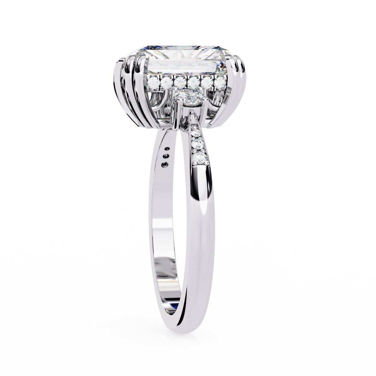 White Gold Three Stone Radiant Cut Diamond Ring with Hidden Halo and Pavé Shoulders