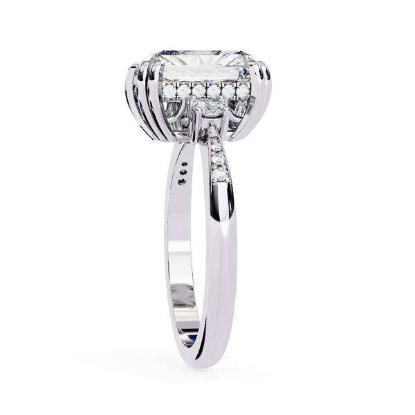 White Gold Three Stone Radiant Cut Diamond Ring with Hidden Halo and Pavé Shoulders