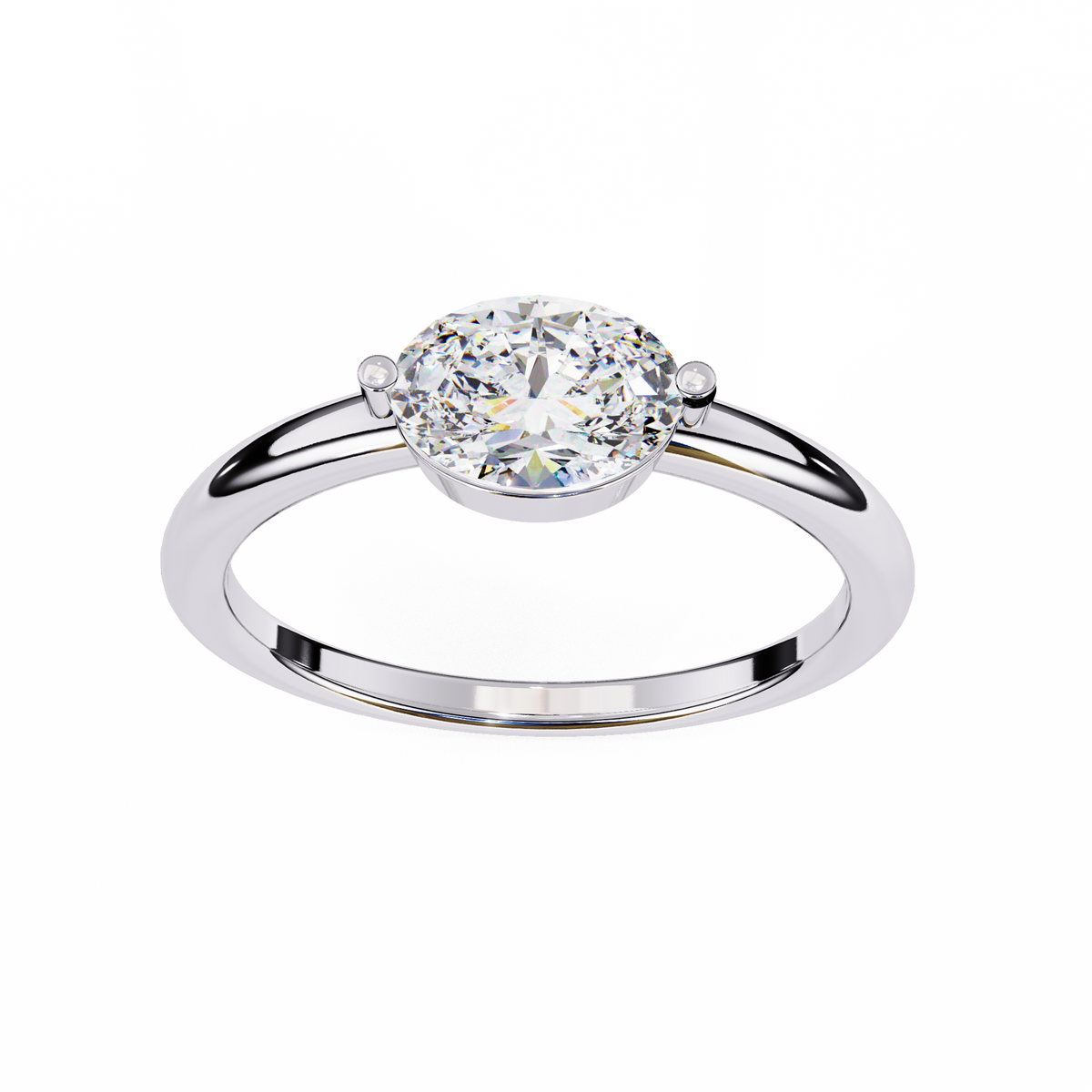 White Gold Round Cut Diamond Solitaire Ring with East-West Two-Prong Setting