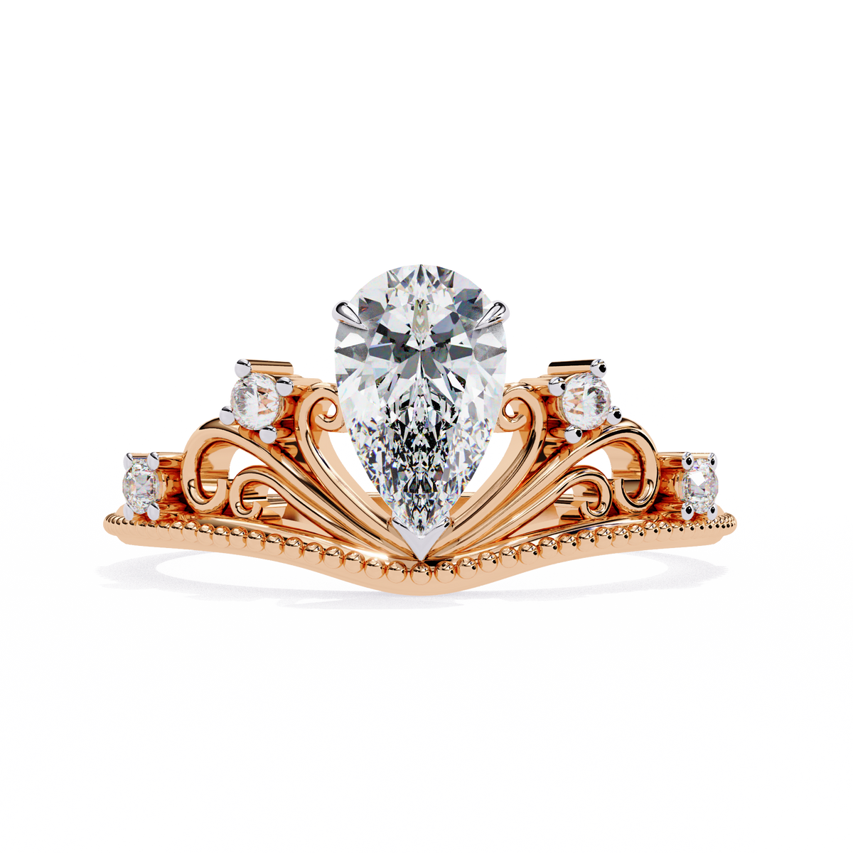 Rose Gold Pear Cut Diamond Crown Ring with Scrollwork and Beaded Band