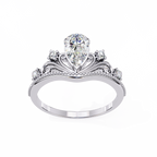 White Gold Pear Cut Diamond Vintage Crown Ring with Filigree Scrollwork