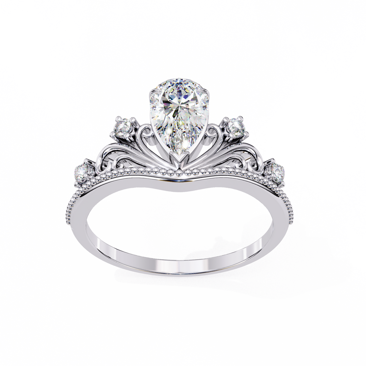 White Gold Pear Cut Diamond Vintage Crown Ring with Filigree Scrollwork