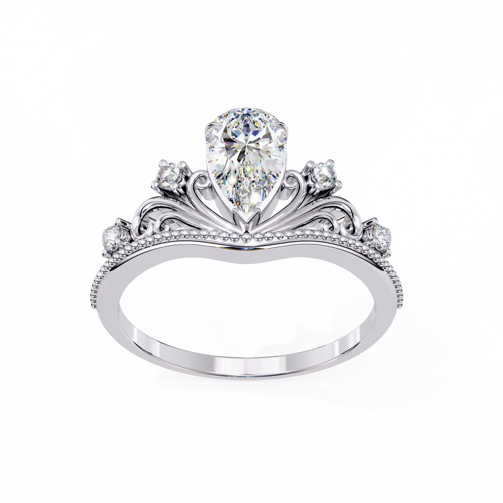 White Gold Pear Cut Diamond Vintage Crown Ring with Filigree Scrollwork