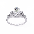 White Gold Pear Cut Diamond Vintage Crown Ring with Filigree Scrollwork