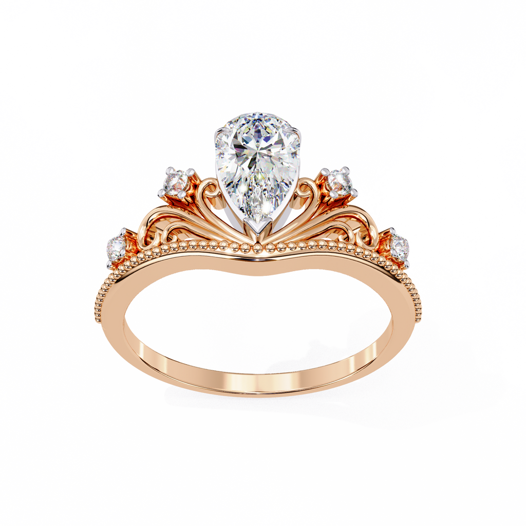 Rose Gold Pear Cut Diamond Crown Ring with Scrollwork and Beaded Band