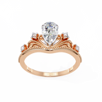 Rose Gold Pear Cut Diamond Crown Ring with Scrollwork and Beaded Band