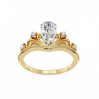 Yellow Gold Pear Cut Diamond Vintage Crown Ring with Filigree Scrollwork