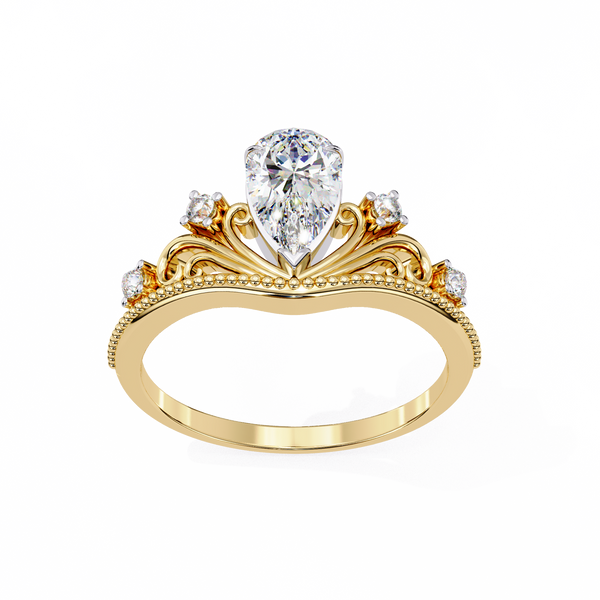 Yellow Gold Pear Cut Diamond Vintage Crown Ring with Filigree Scrollwork