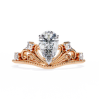 Rose Gold Pear Cut Diamond Crown Ring with Scrollwork and Beaded Band