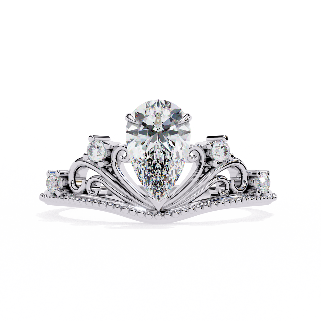 White Gold Pear Cut Diamond Vintage Crown Ring with Filigree Scrollwork