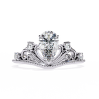 White Gold Pear Cut Diamond Vintage Crown Ring with Filigree Scrollwork