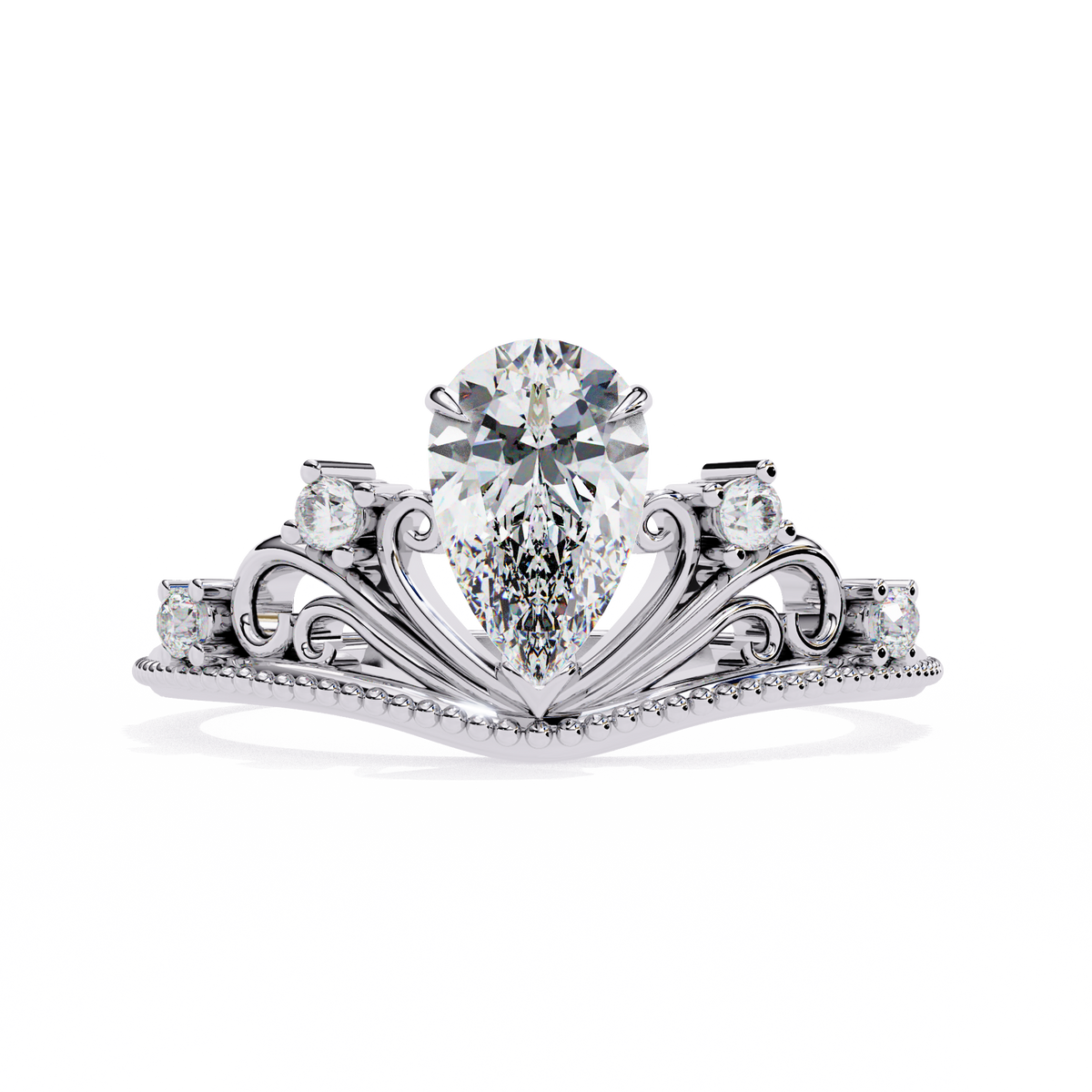 White Gold Pear Cut Diamond Vintage Crown Ring with Filigree Scrollwork