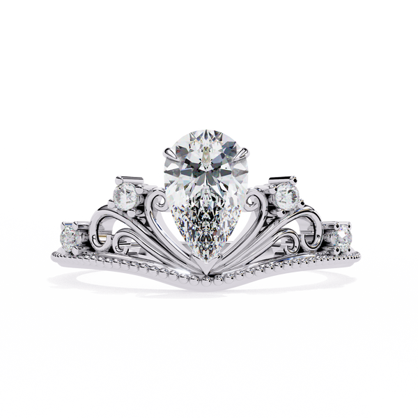 White Gold Pear Cut Diamond Vintage Crown Ring with Filigree Scrollwork