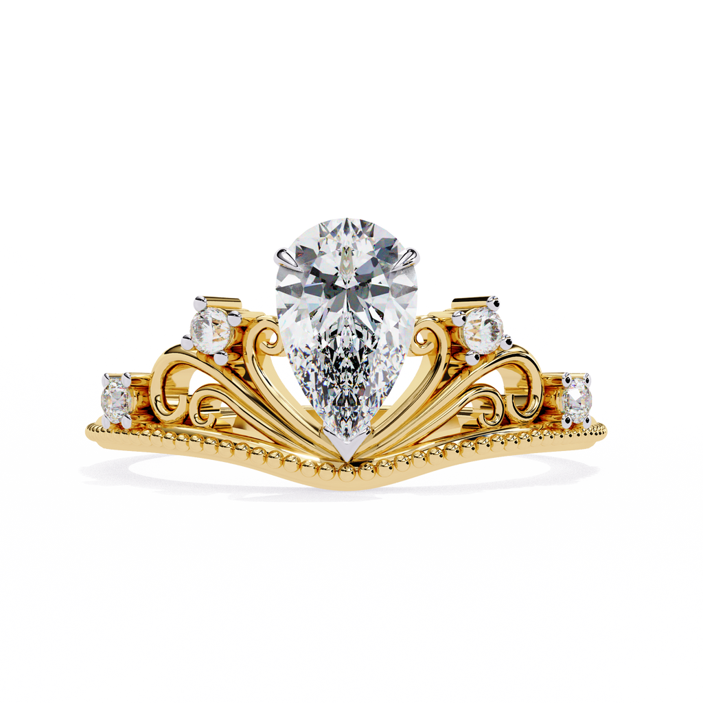 Yellow Gold Pear Cut Diamond Vintage Crown Ring with Filigree Scrollwork