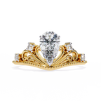 Yellow Gold Pear Cut Diamond Vintage Crown Ring with Filigree Scrollwork