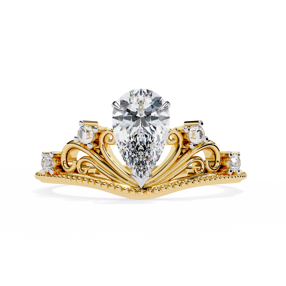 Yellow Gold Pear Cut Diamond Vintage Crown Ring with Filigree Scrollwork