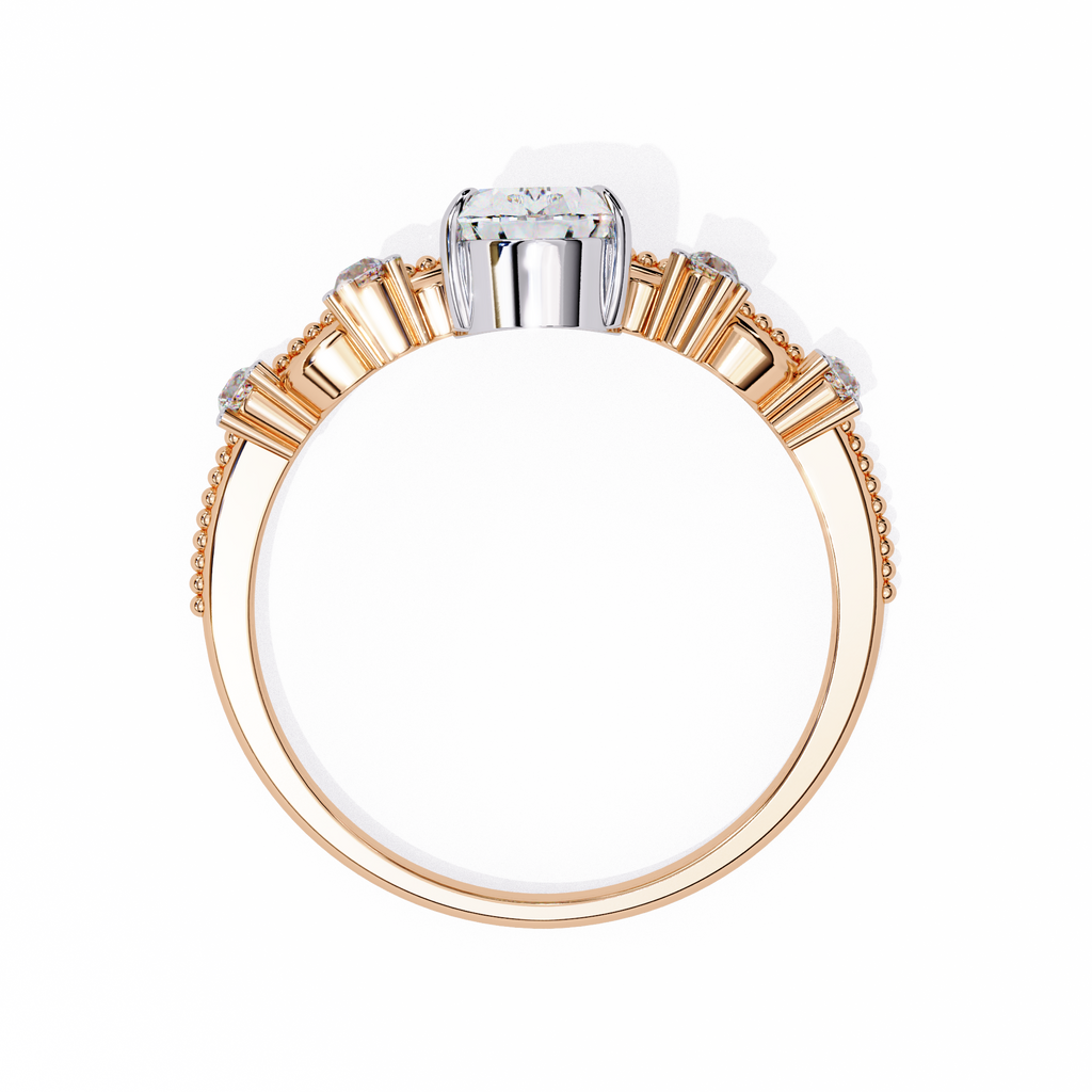 Rose Gold Pear Cut Diamond Crown Ring with Scrollwork and Beaded Band