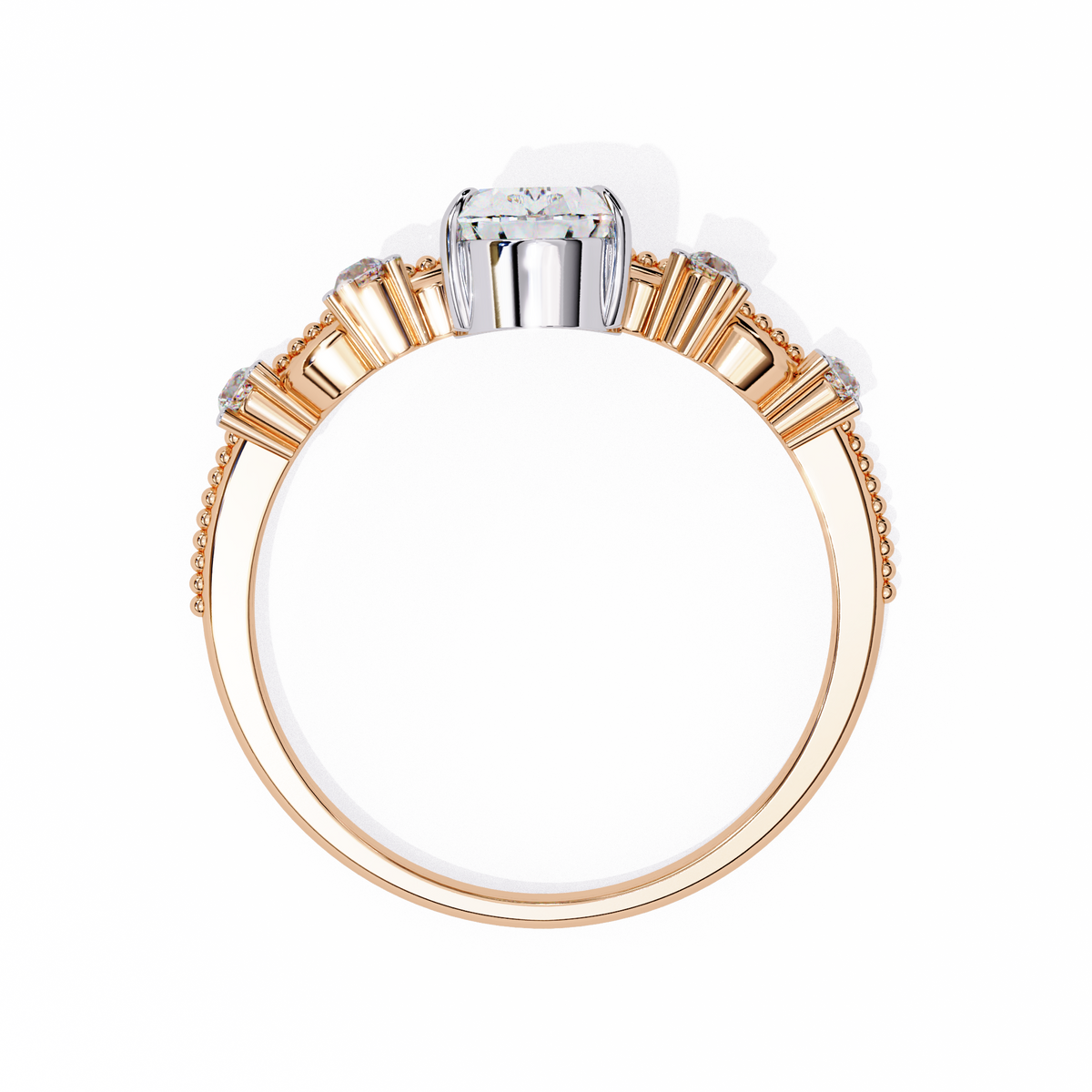Rose Gold Pear Cut Diamond Crown Ring with Scrollwork and Beaded Band