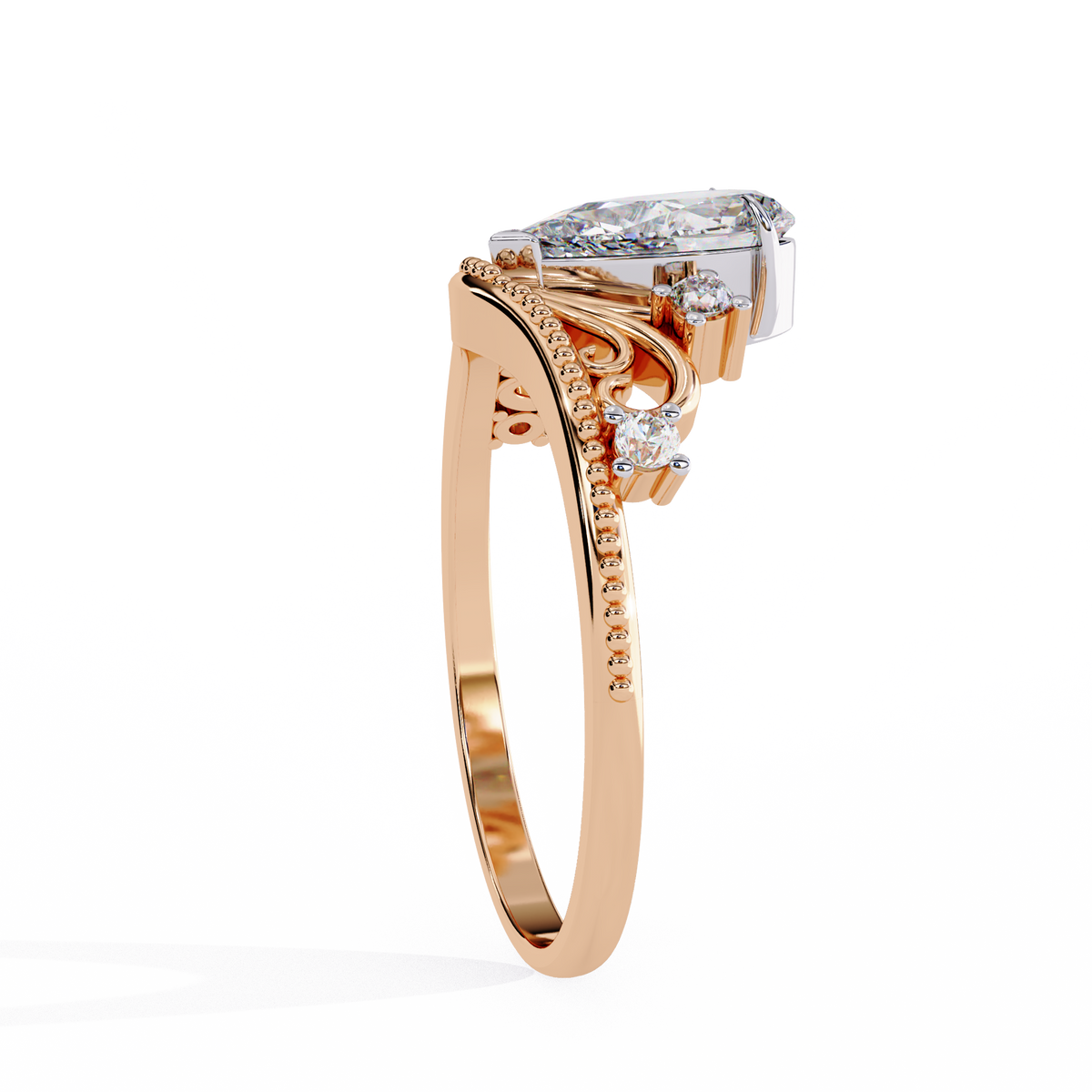 Rose Gold Pear Cut Diamond Crown Ring with Scrollwork and Beaded Band