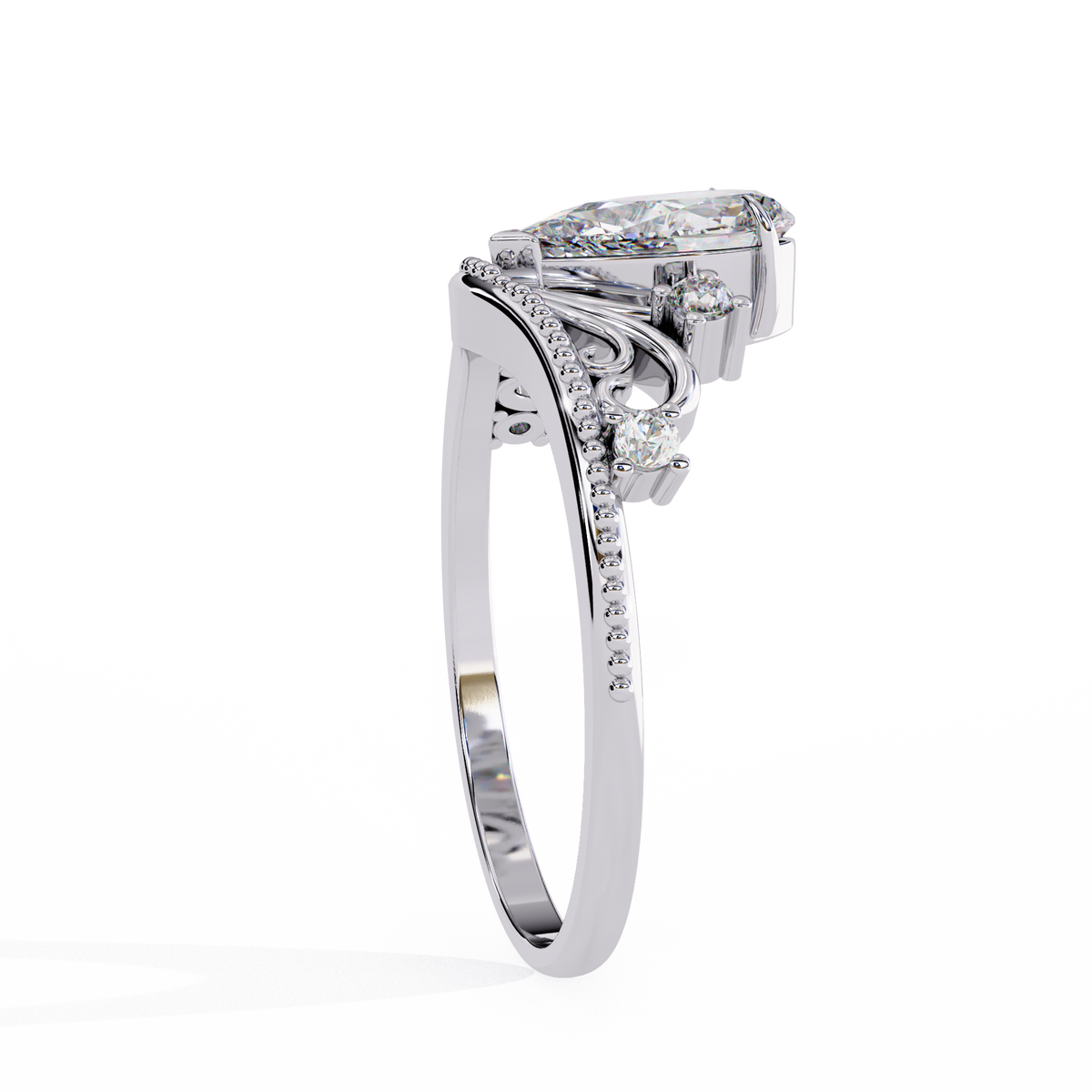 White Gold Pear Cut Diamond Vintage Crown Ring with Filigree Scrollwork