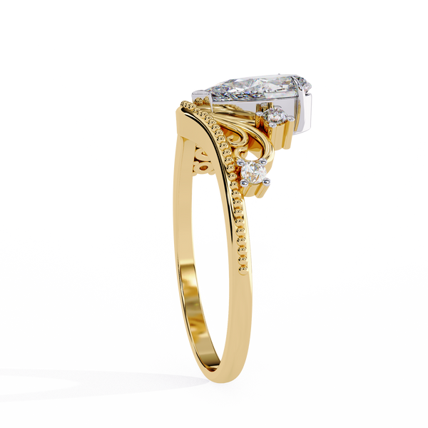 Yellow Gold Pear Cut Diamond Vintage Crown Ring with Filigree Scrollwork